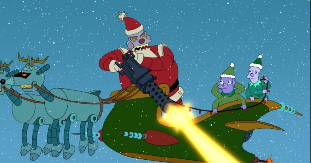 Trineo de Papá Noel con renos y elfos en Futurama