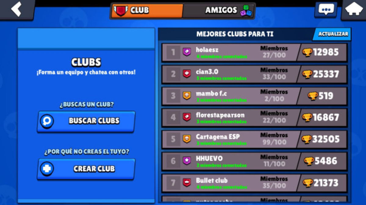 Menú de creación de club en Brawl Stars