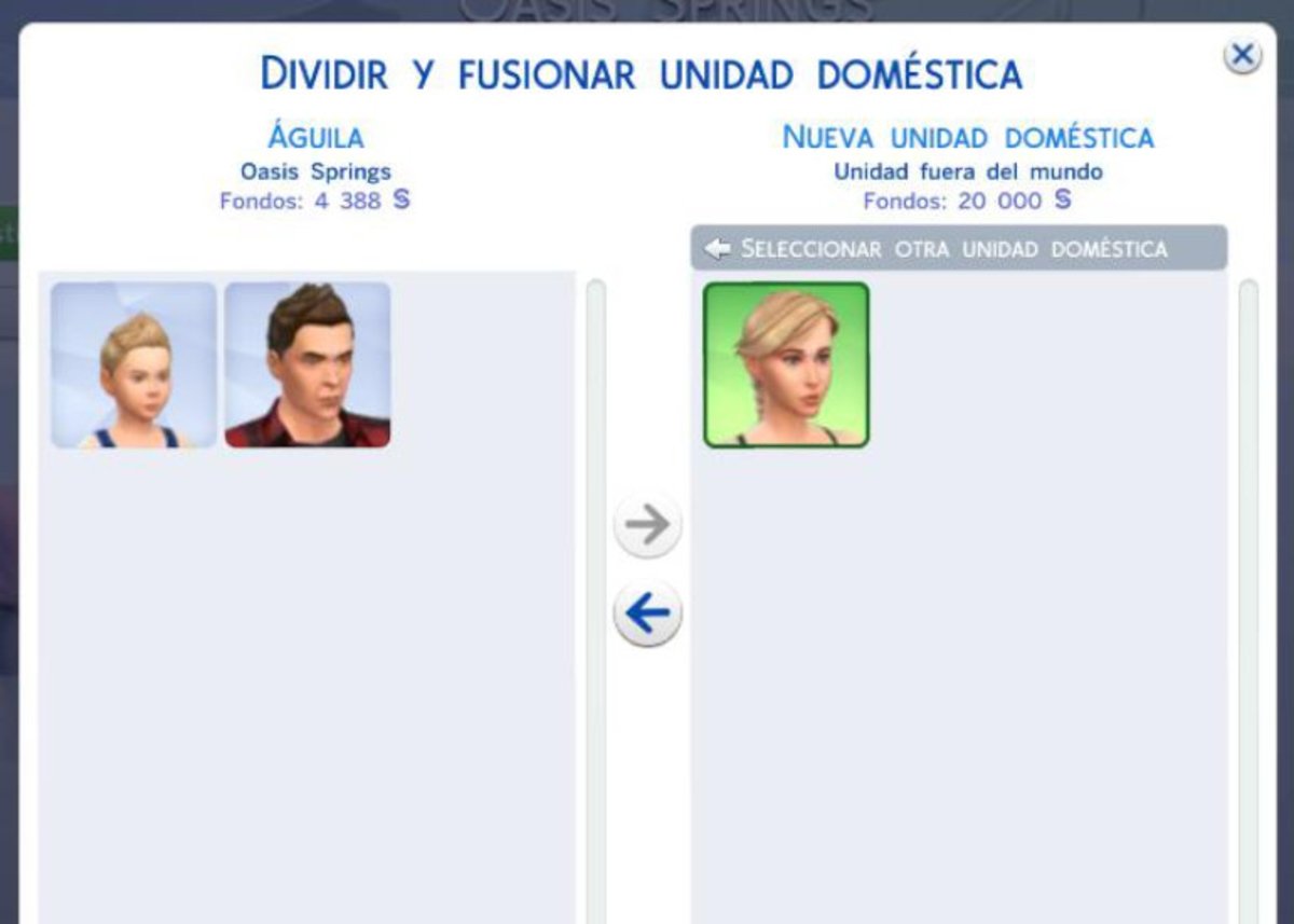 Los Sims 5. Menú fusionar unidad doméstica.