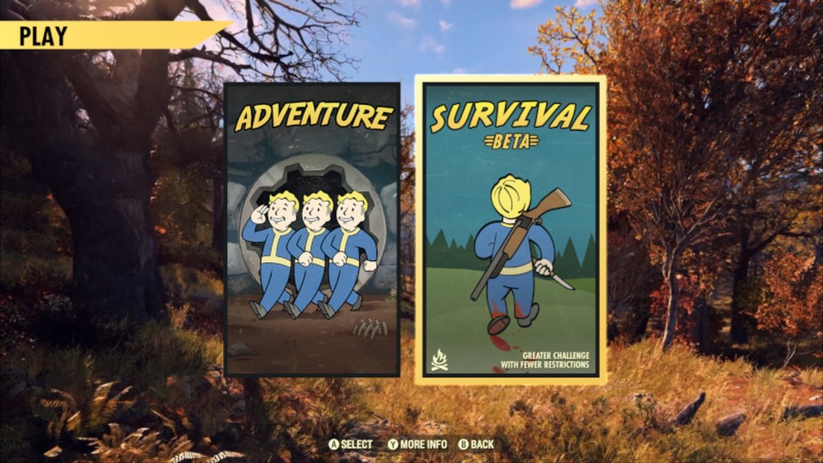 Fallout 76 Modo Survival Menú