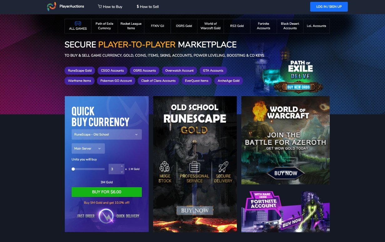 Página de inicio del sitio web  de PlayerAuctions