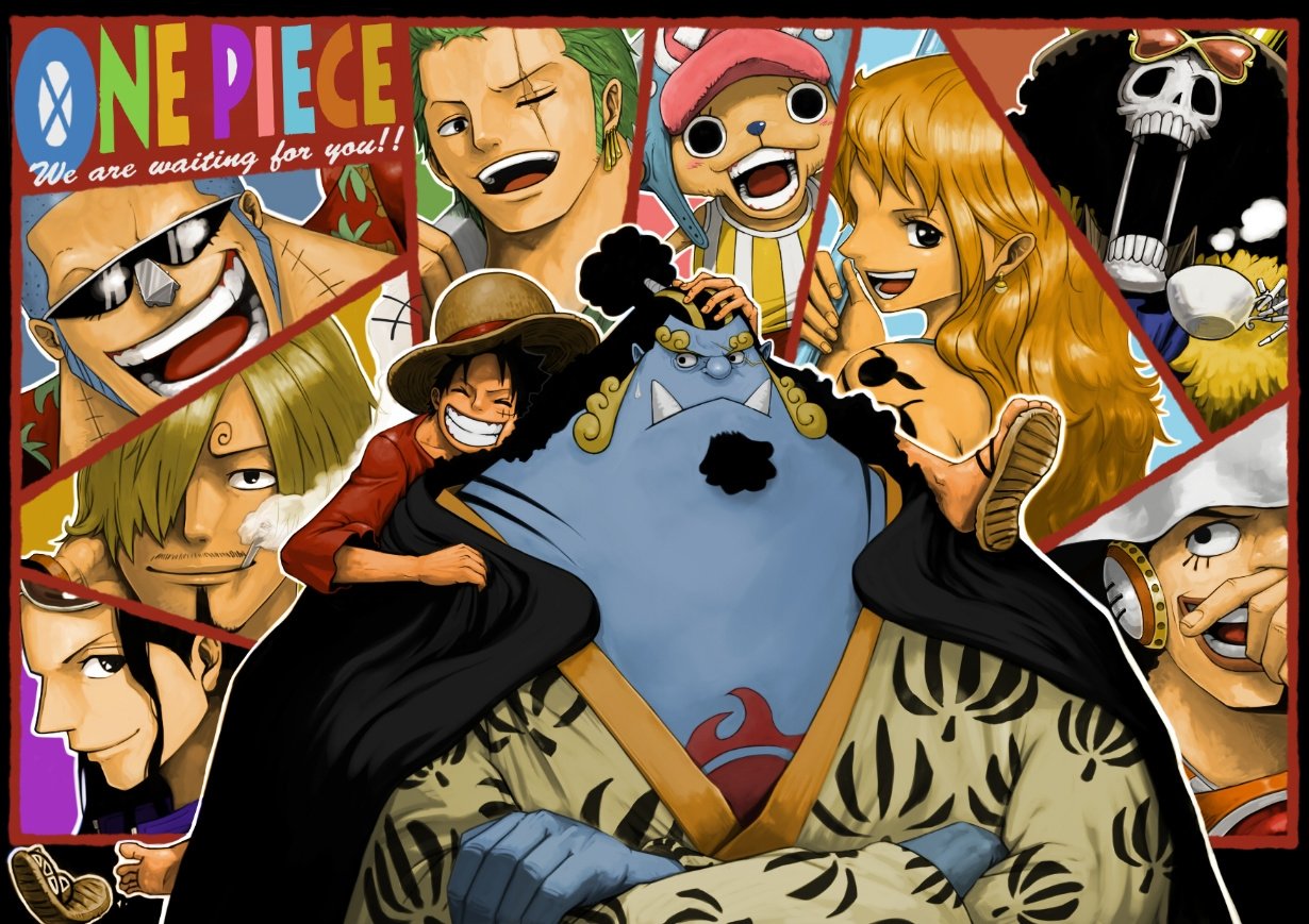 Jinbei y Luffy con la tripulación de One Piece