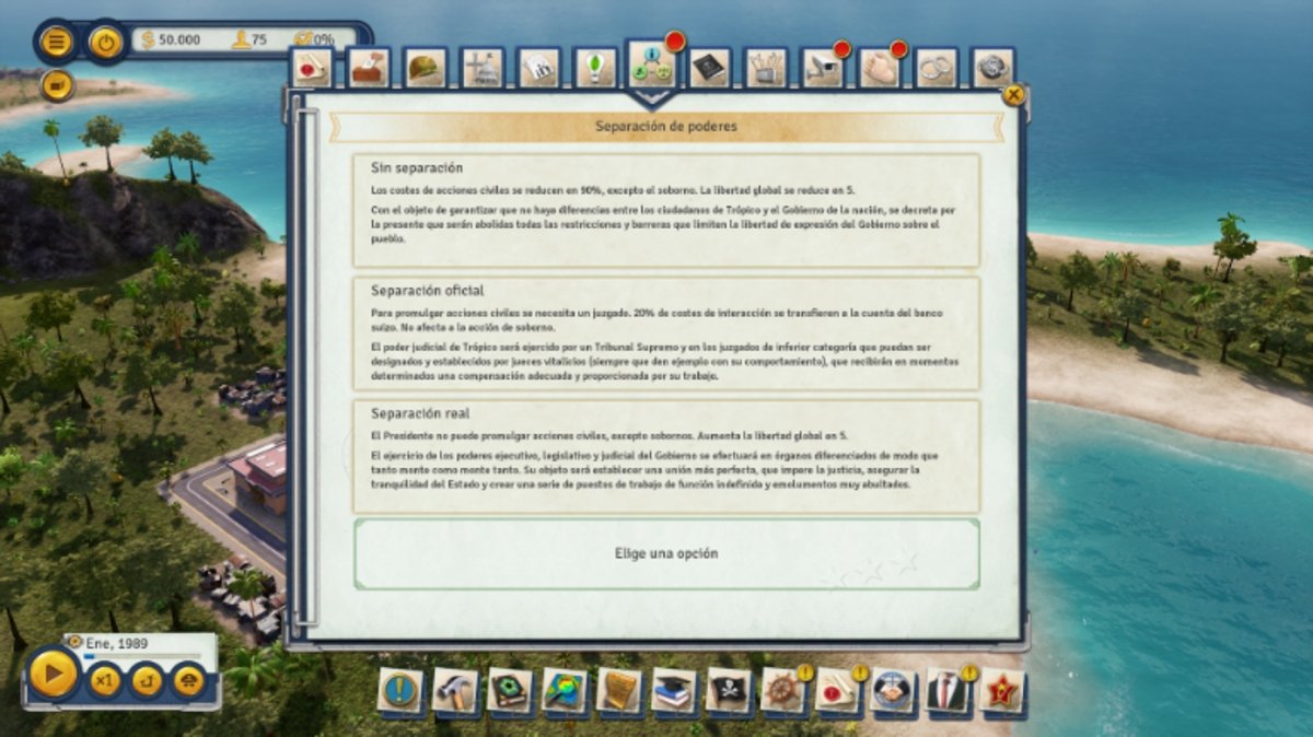Tropico 6 permite elegir si queremos la separación de poderes
