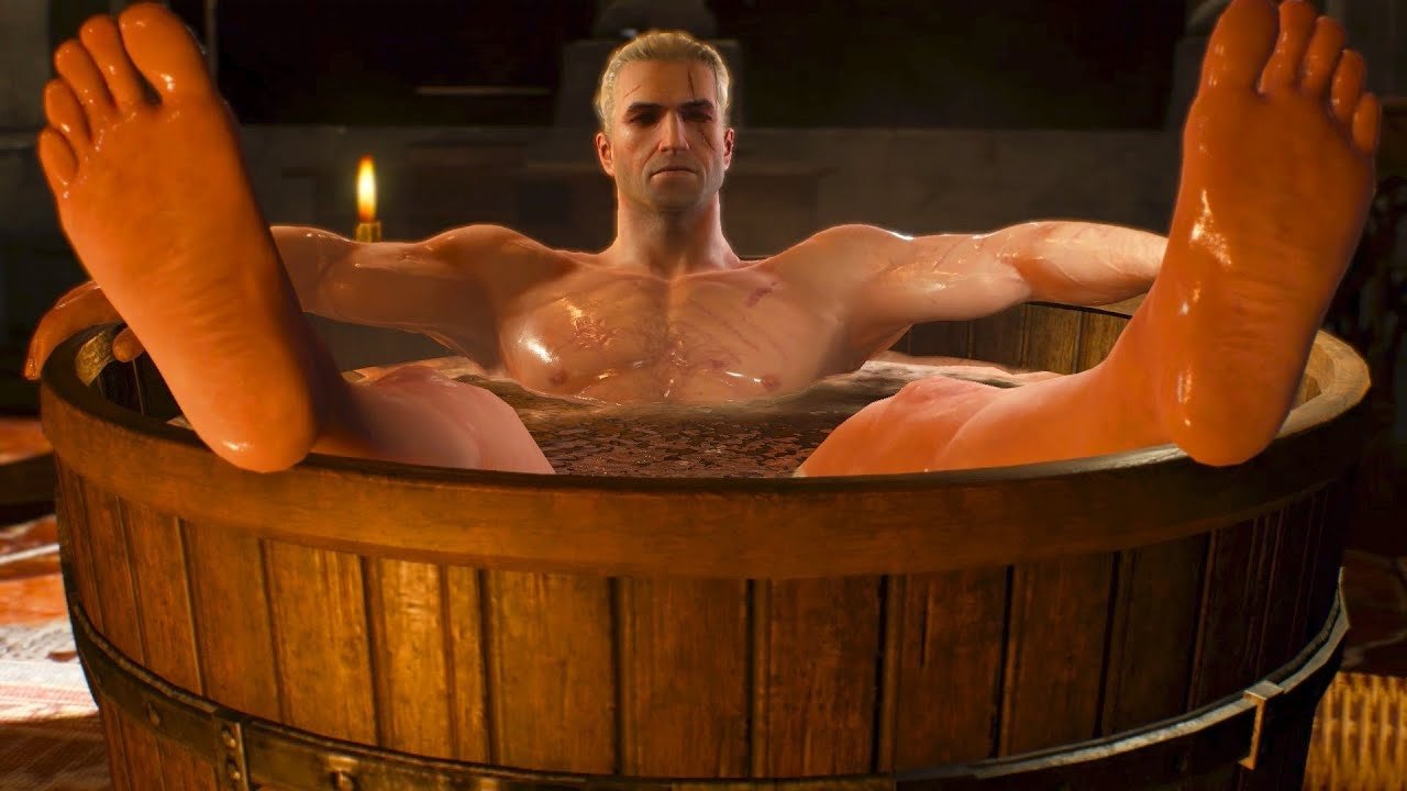 Geralt tomando un baño en The Witcher III