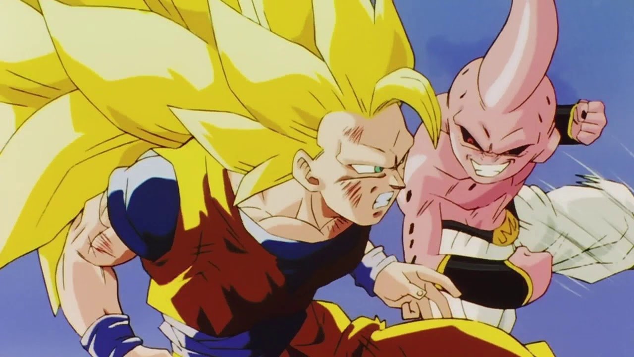 Goku lucha contra Kid Boo en su forma Super Saiyan Nivel 3
