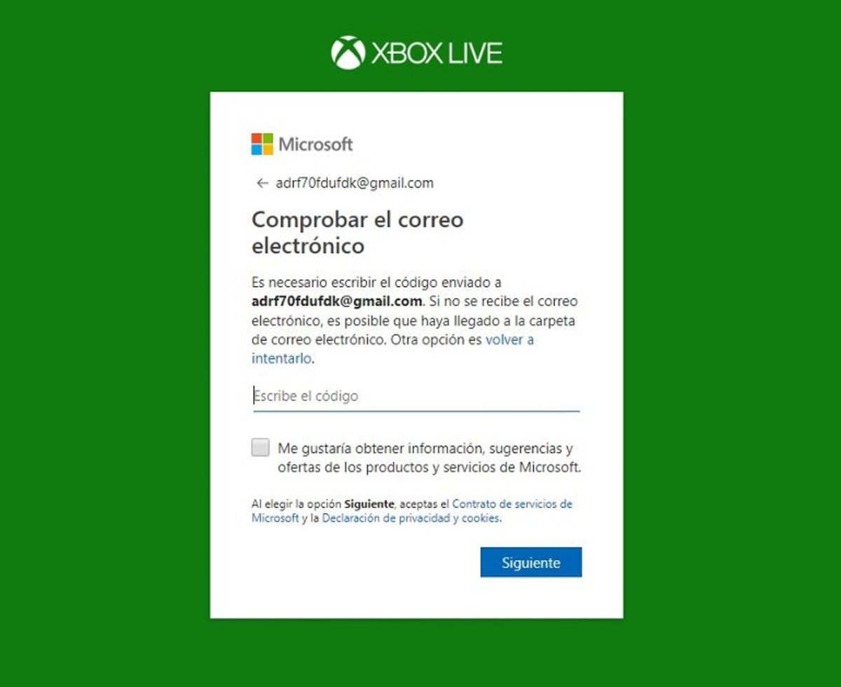 Comprobar correo al crear cuenta en Xbox Live
