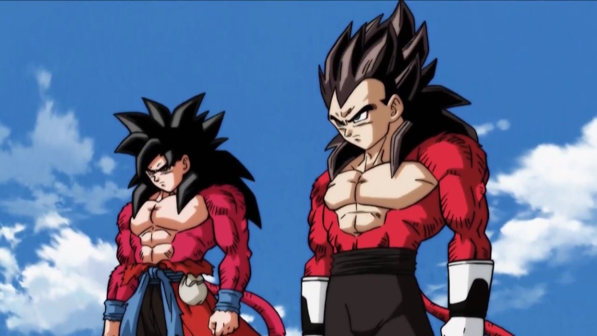 Vegeta y Goku transformados en Super Saiyan Nivel 4