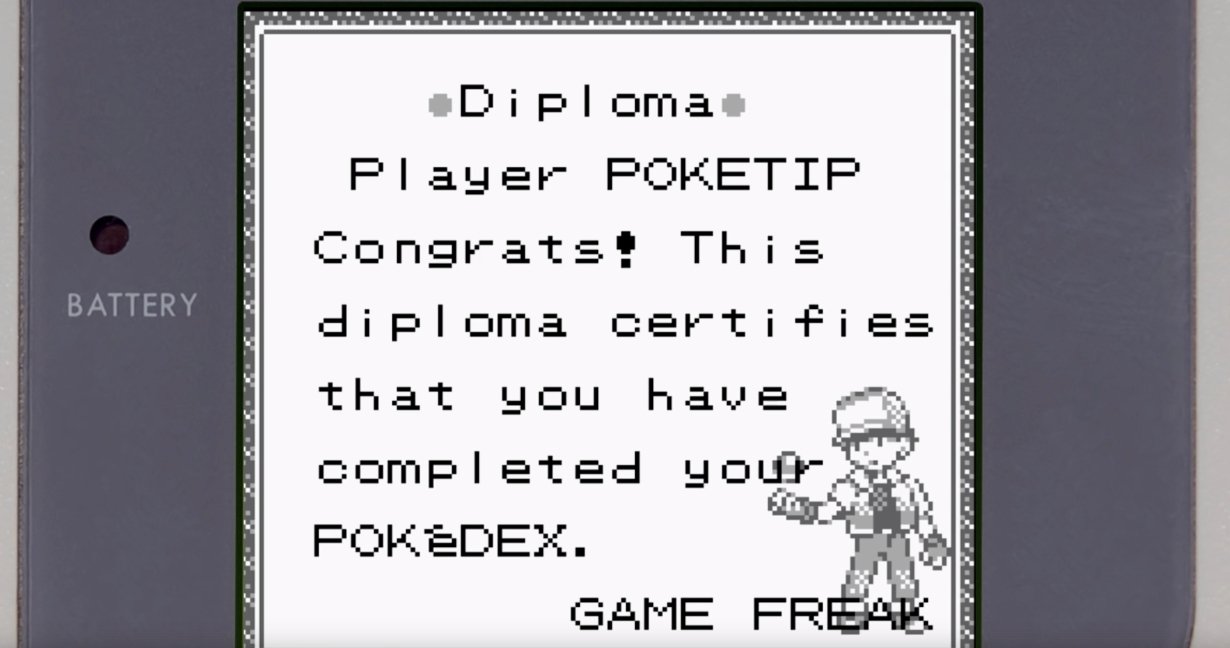 Diploma por completar la Pokédex en Pokémon Amarillo