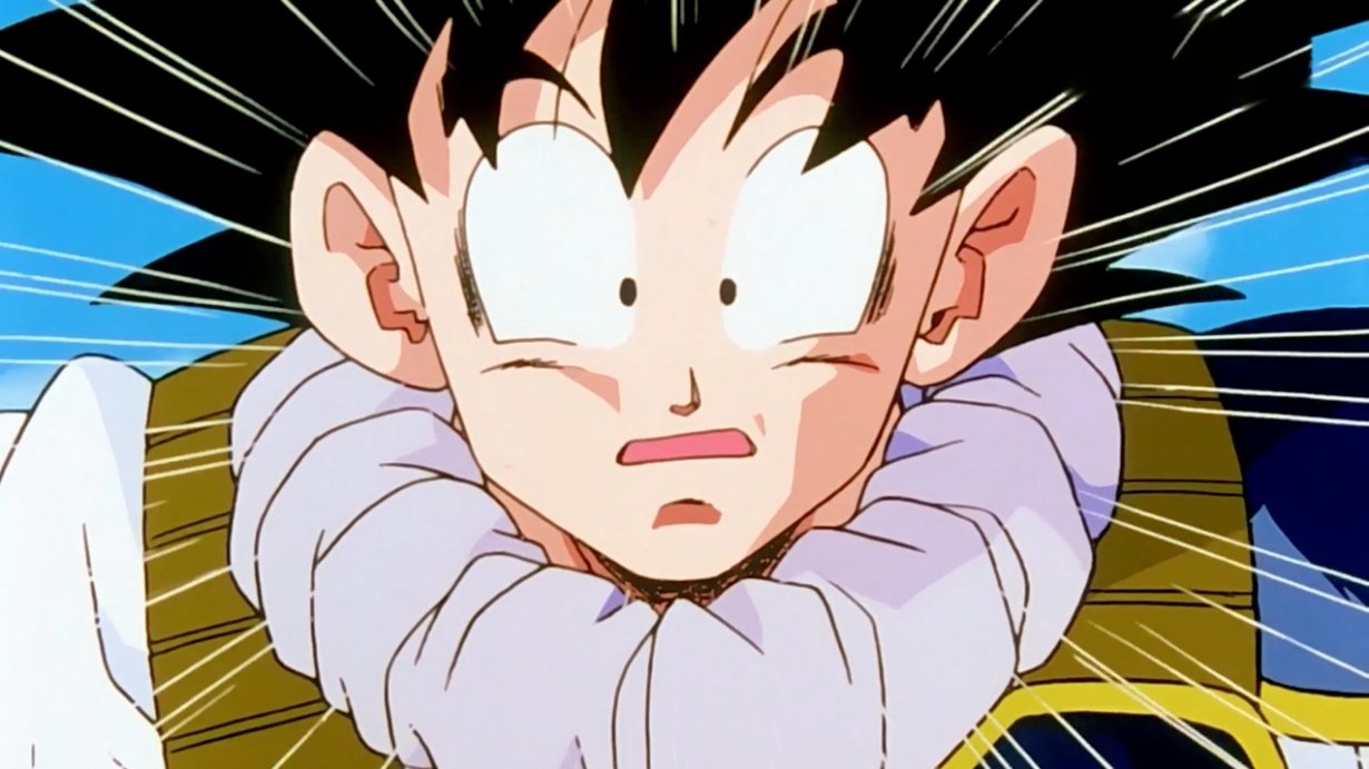 Goku en Dragon Ball con cara de sorpresa