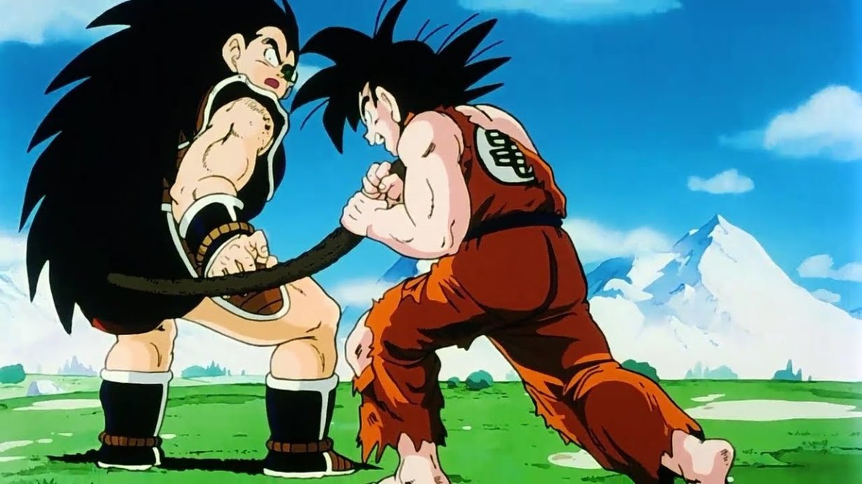 Goku coge la cola de Raditz en Dragon Ball