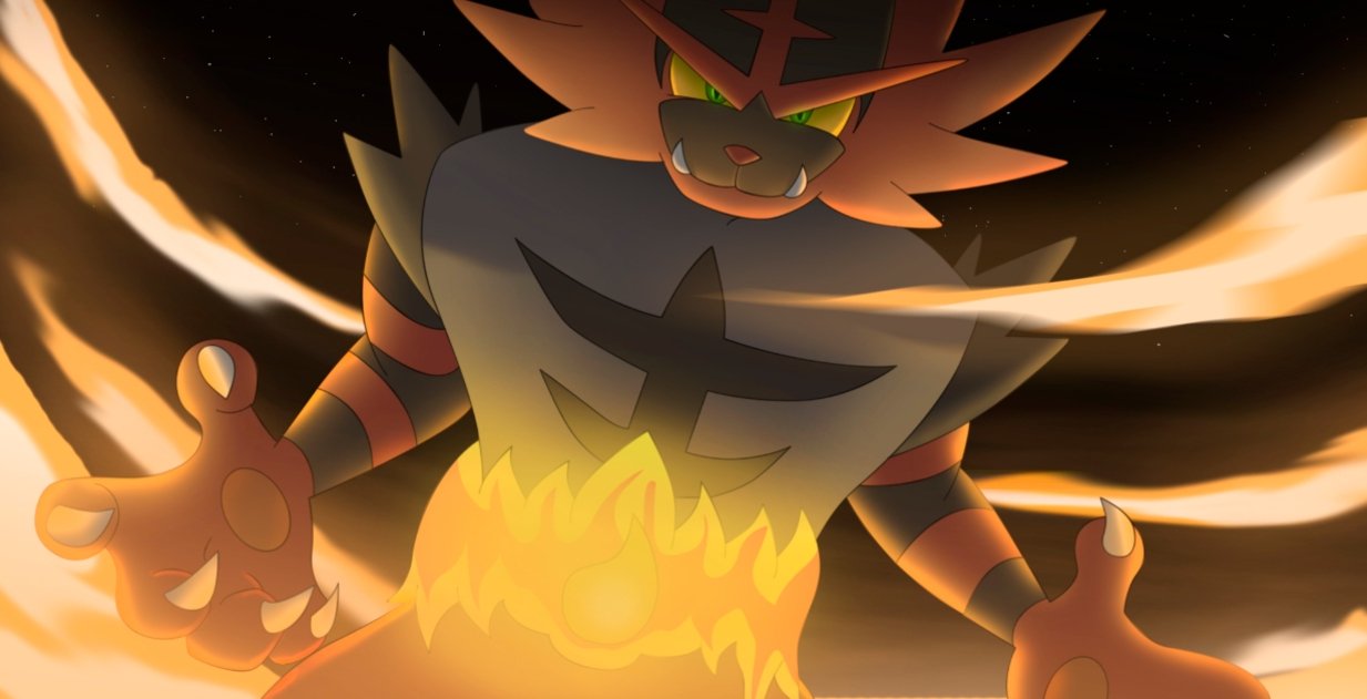 Incineroar en un fondo Pokémon