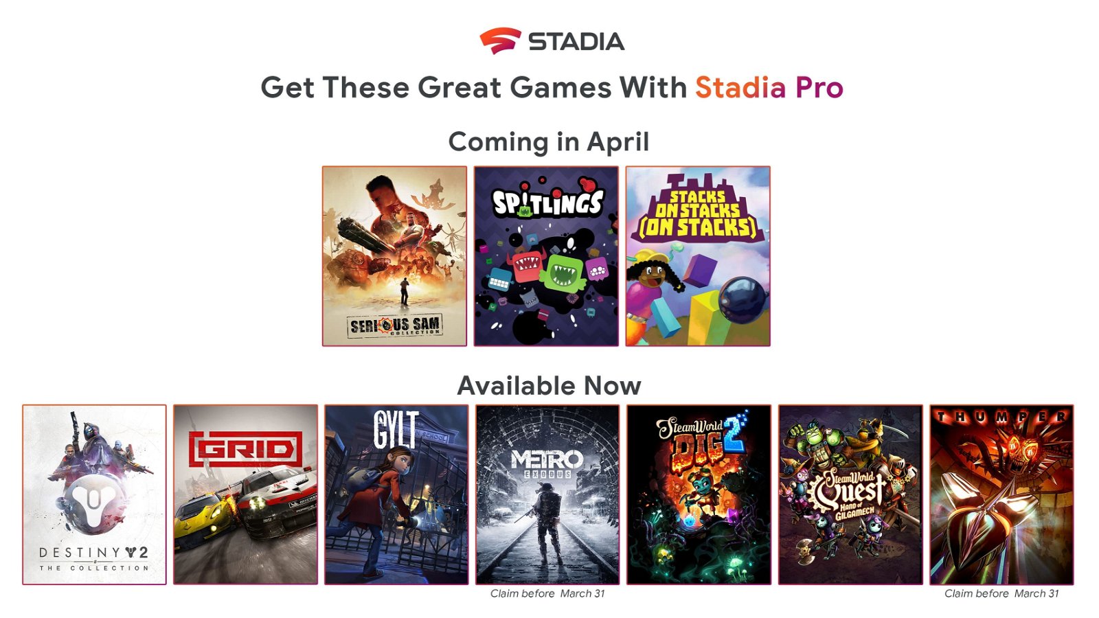 Stadia Pro: anunciados los juegos gratuitos de abril
