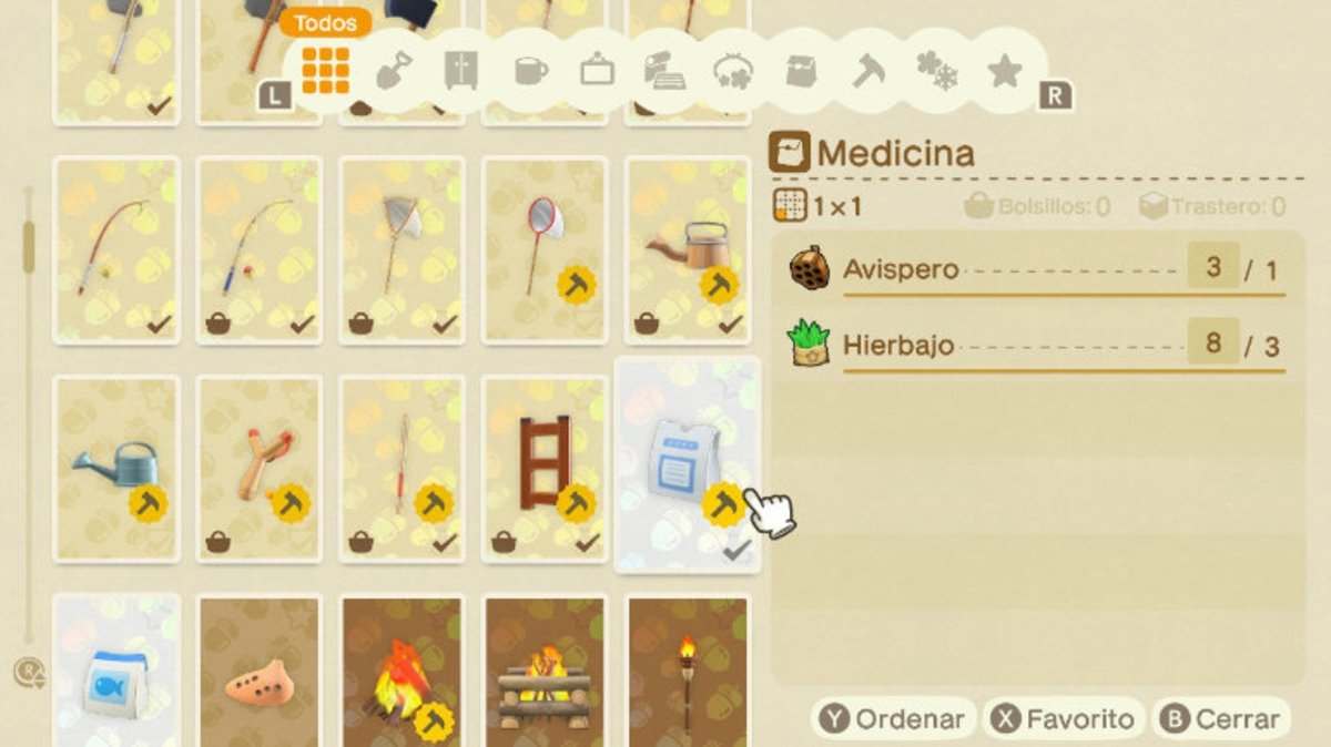 Materiales necesarios para fabricar la medicina en Animal Crossing: New Horizons