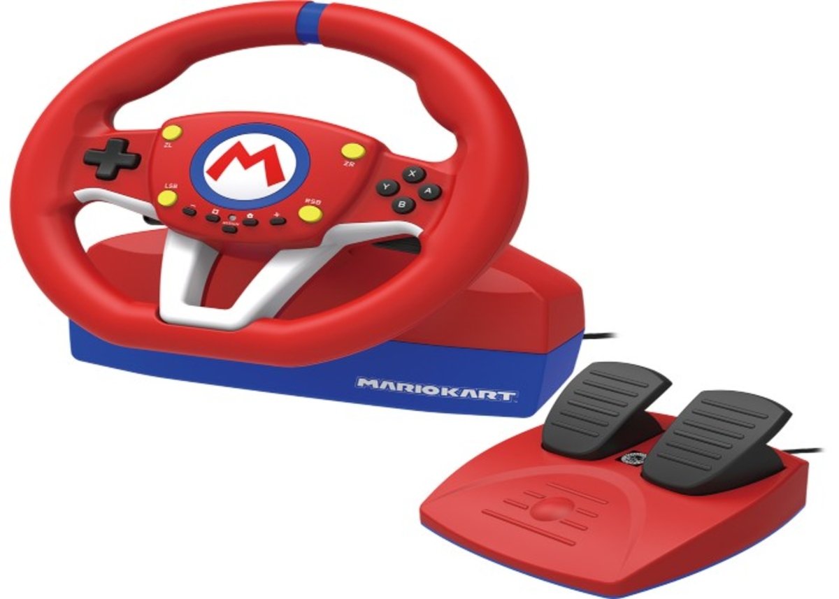 Volante y pedales de Mario Kart para juegos de conducción.