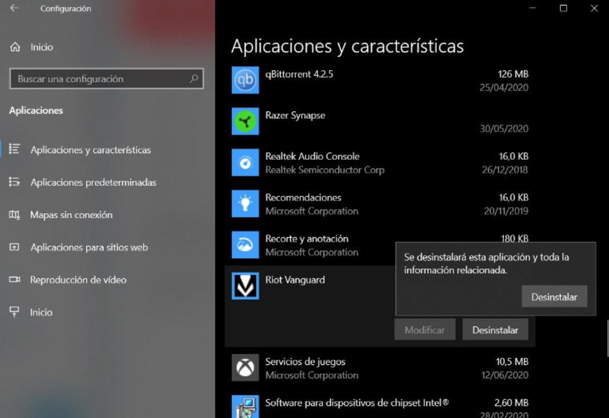 Panel Aplicaciones y características de Windows 10