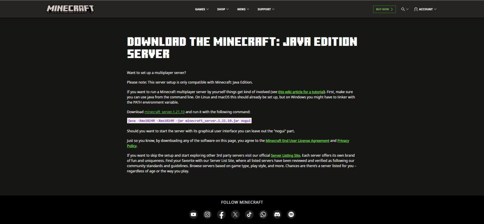 Web del servidor de Minecraft: Java Edition