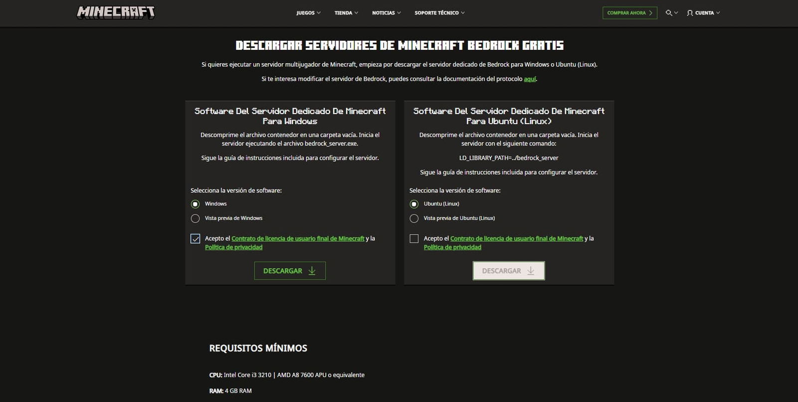 Web del servidor de Minecraf Bedrock Edition