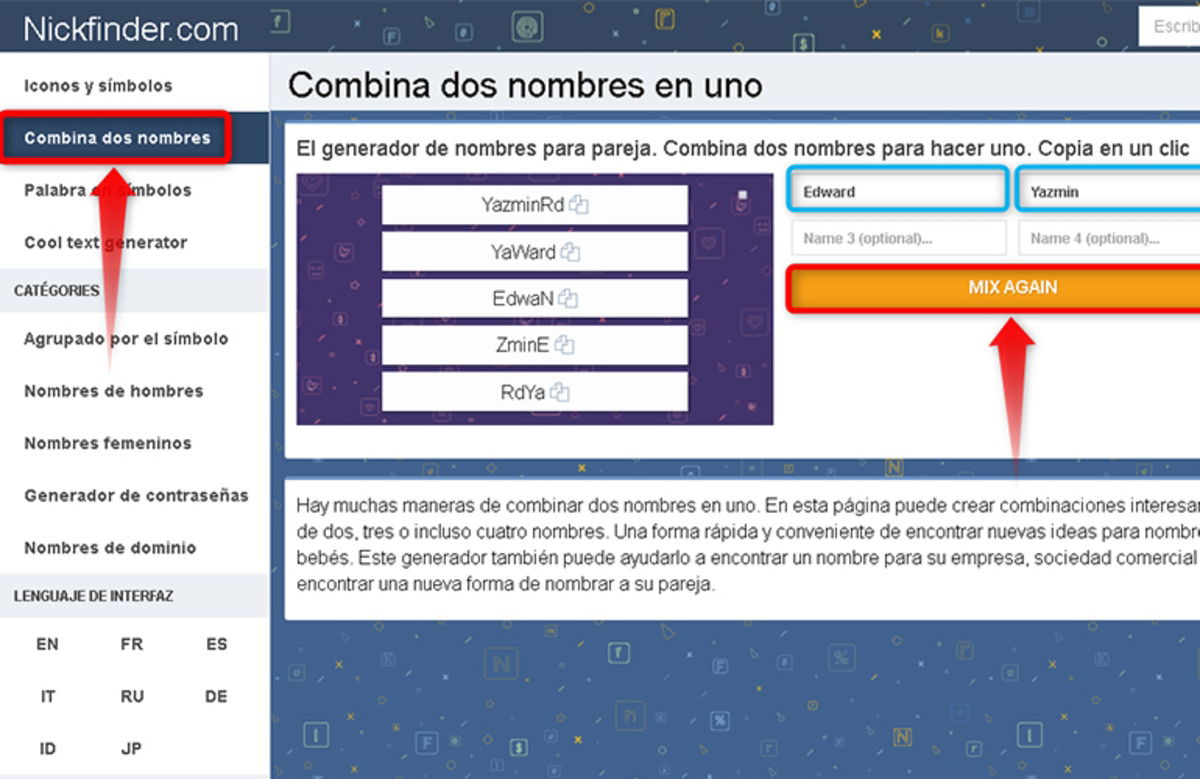 Nickfinder una pagina web para generar apodos automaticamente