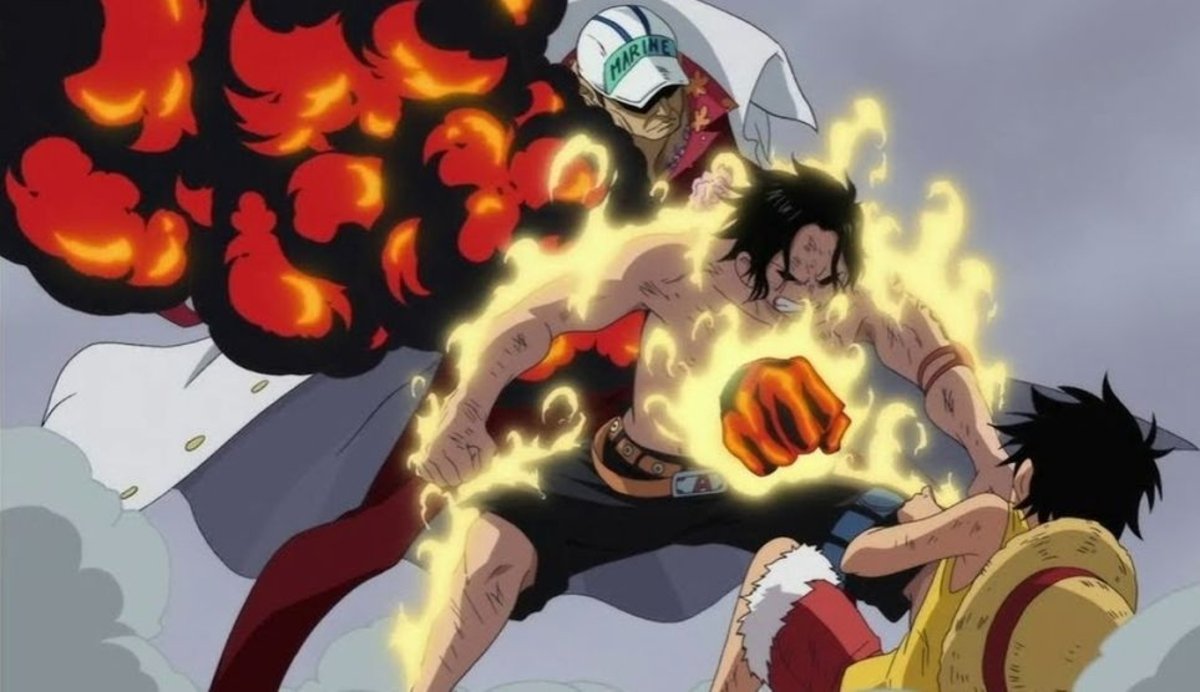 Ace protege a Luffy del ataque de Akainu, perdiendo la vida a manos de este Almirante