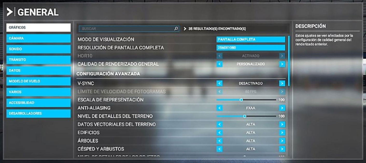 Menú de ajustes gráficos - Microsoft Flight Simulator