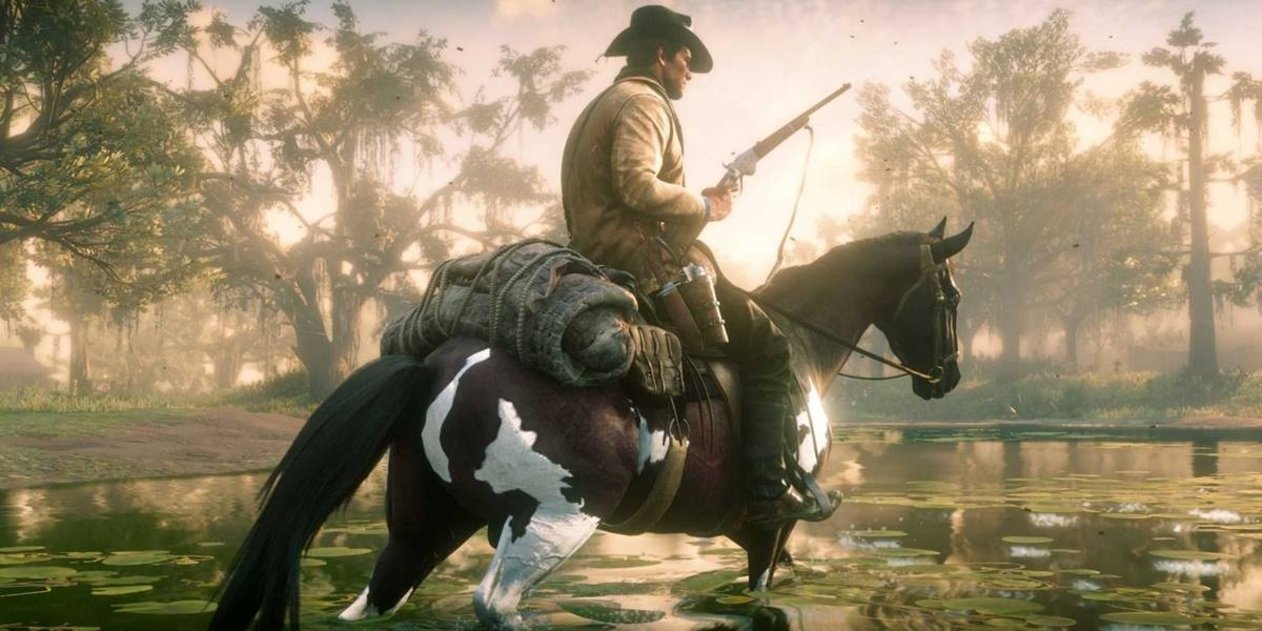 Arthur Morgan con su escopeta y caballo - Red Dead Redemption