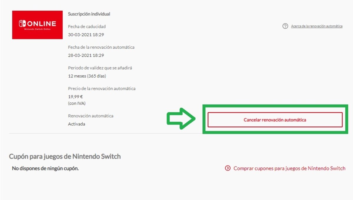 Cancelar la renovación automática de Nintendo Switch Online
