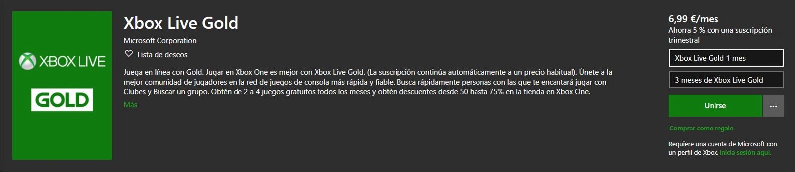 Suscripciones de Xbox Live Gold