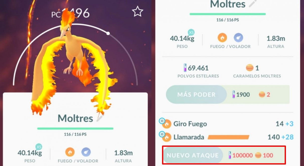 opcion de nuevo ataque moltres pokémon go