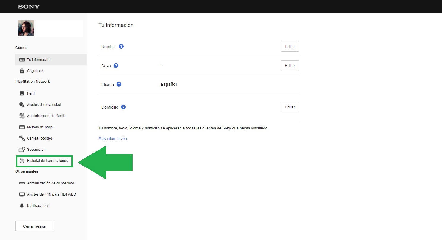 Historial de transacciones de PlayStation Network