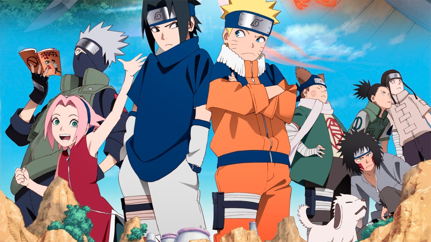Anime Naruto, cartel con Sasuke, Sakura y todos los personajes secundarios
