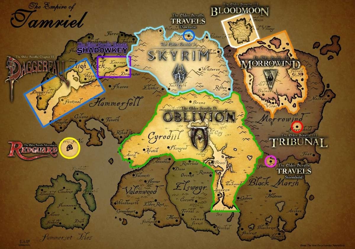 Mapa con las provincias de Tamriel ya visitadas en The Elder Scrolls