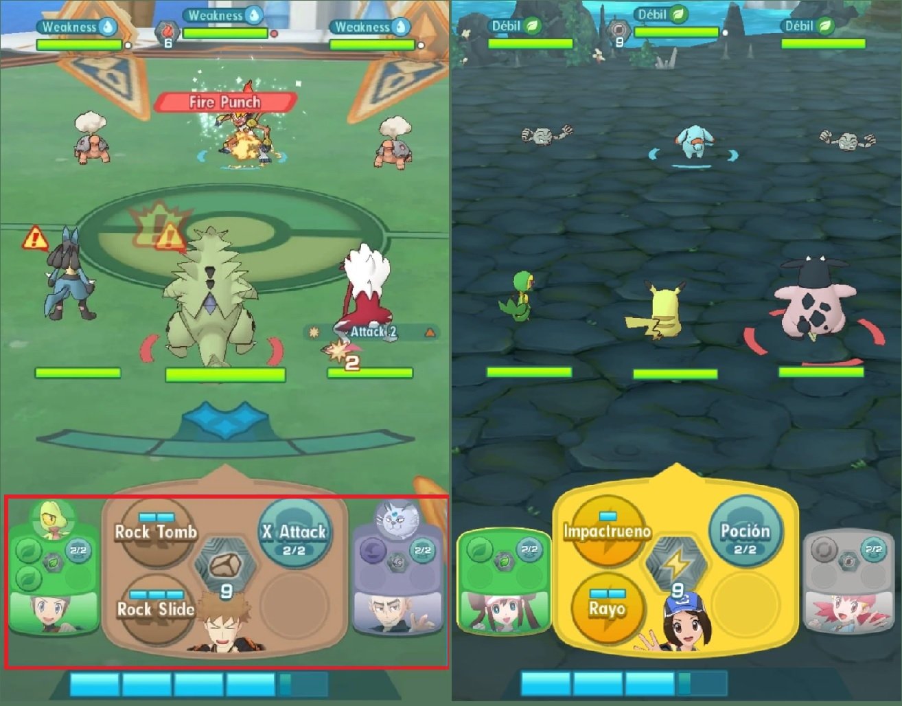 Interfaces de batalla cooperativa (izquierda) e individual (derecha) en Pokémon Masters EX
