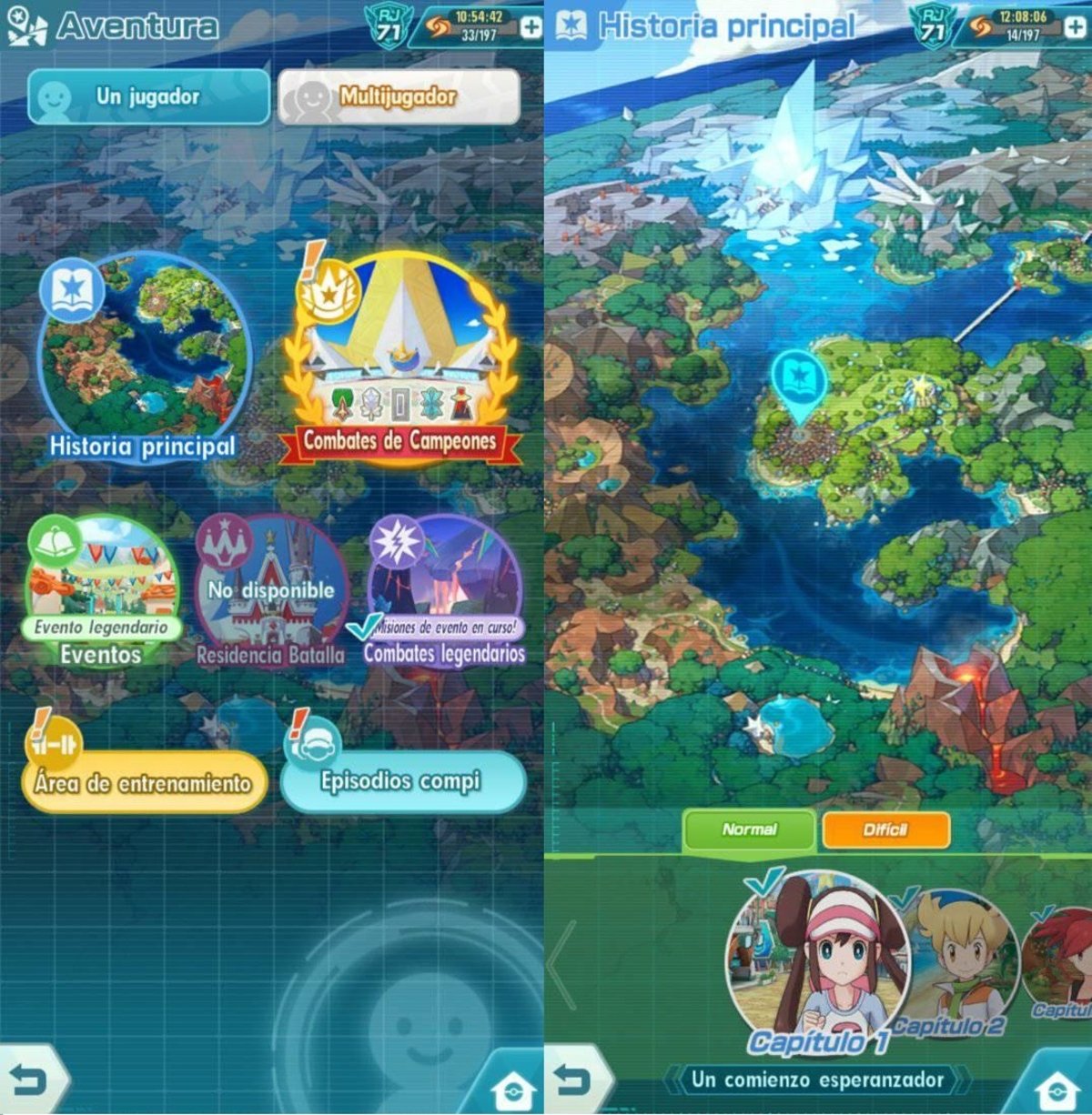 Interfaz del Modo historia principal en Pokémon Masters EX