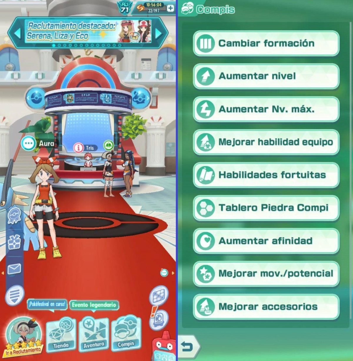 Interfaz del menú de mejora Compi en Pokémon Masters EX