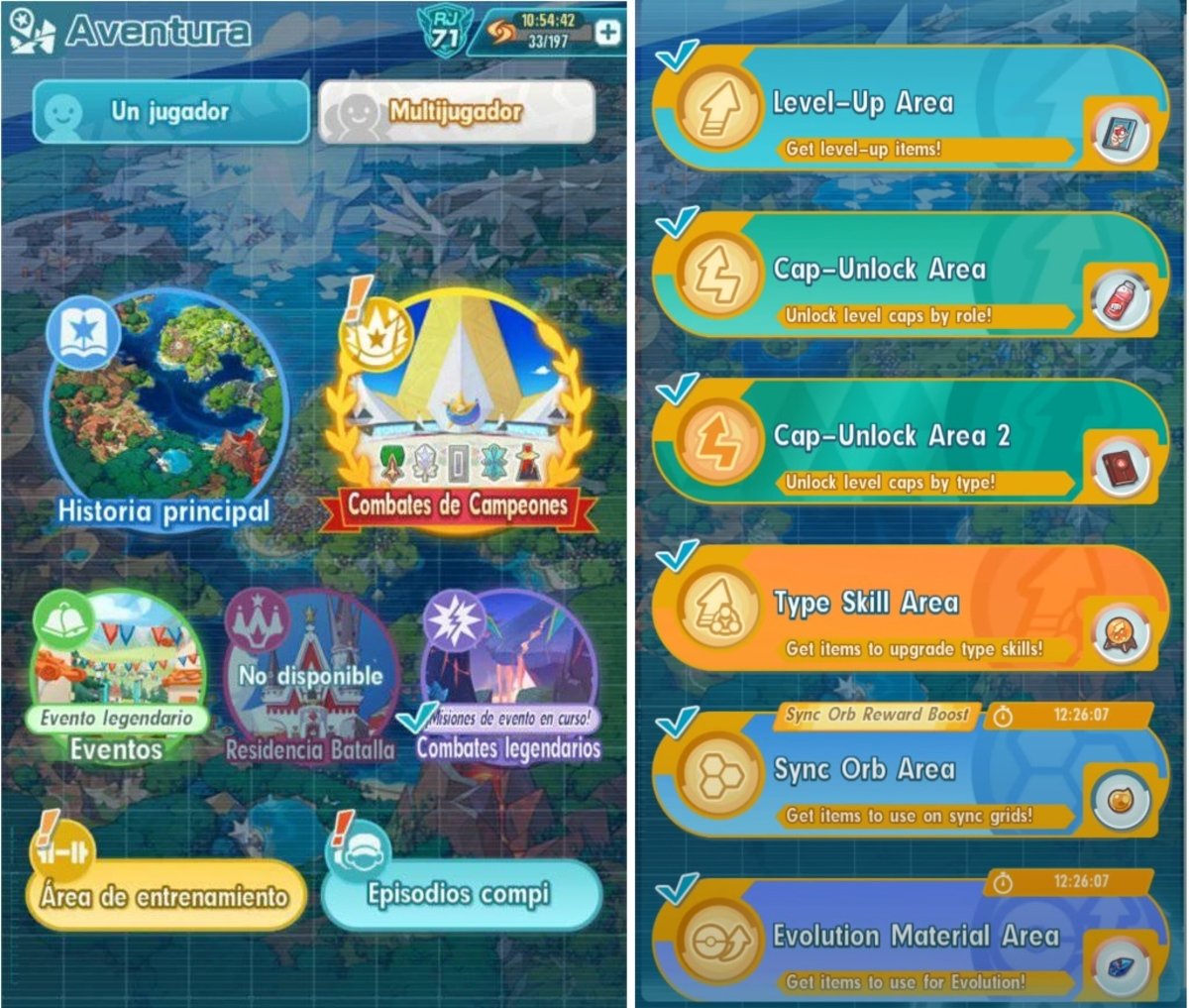 Interfaz del área de entrenamiento en Pokémon Masters EX