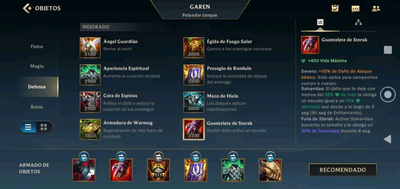 Lista de Objetos defensivos de Garen en League of Legends Wild Rift