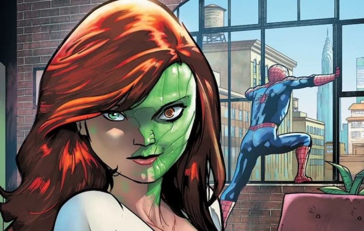 Podemos apreciar a Mary Jane como parte de los Skrull, lo que explicaría la polémica portada de Campbell
