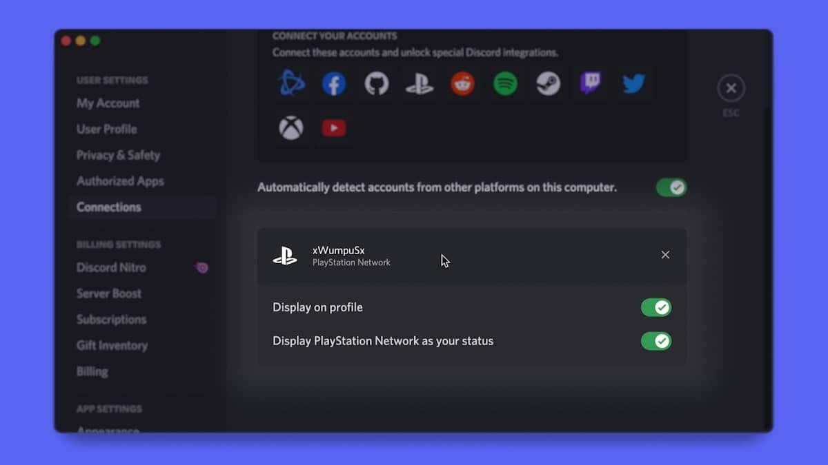 PlayStation settings menu in Discord