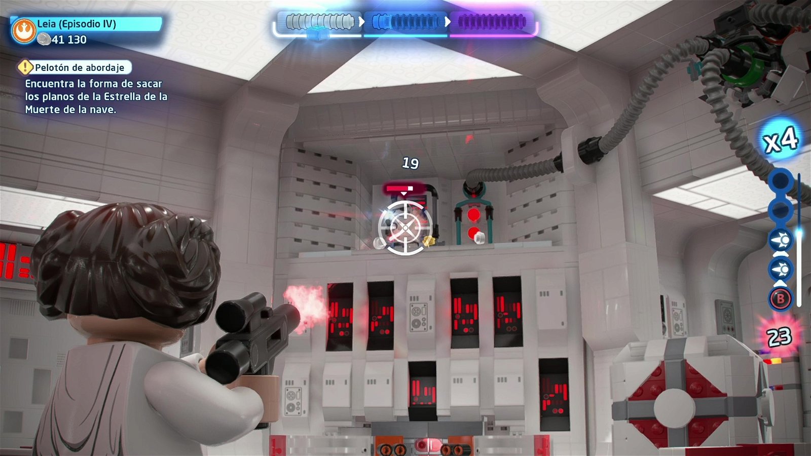 Leia apuntando con su bláster en LEGO Star Wars: La Saga Skywalker
