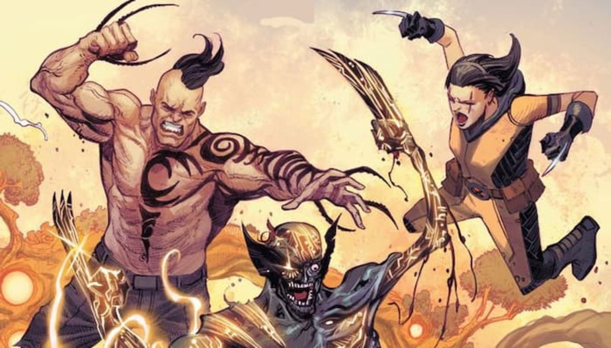 La familia de Lobezno defendiendo la Nación de Krakoa de Omega Lobezno del futuro