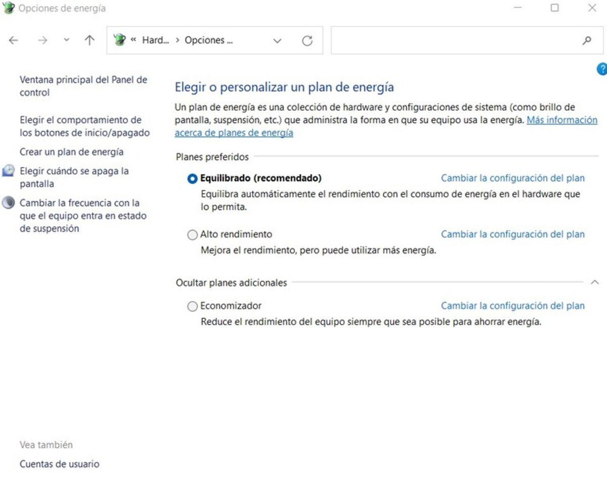 Windows tiene varios planes de energia