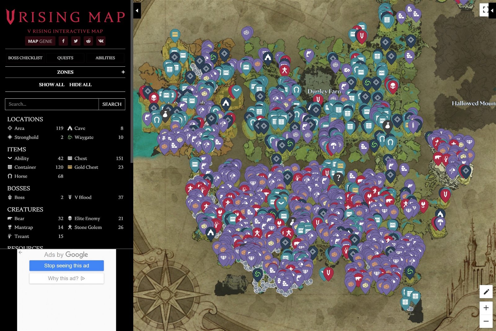 Descubre todo los jefes, cofres y recursos de V Rising con este mapa interactivo