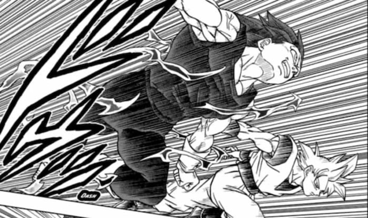 Vegeta, en su forma Ultra Ego, está luchando de igual junto a Goku en su forma Ultra Instinto contra Gas
