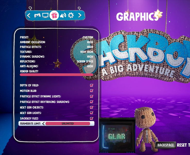 Supuesto menú de configuración de Sackboy: Una aventura a lo grande en PC