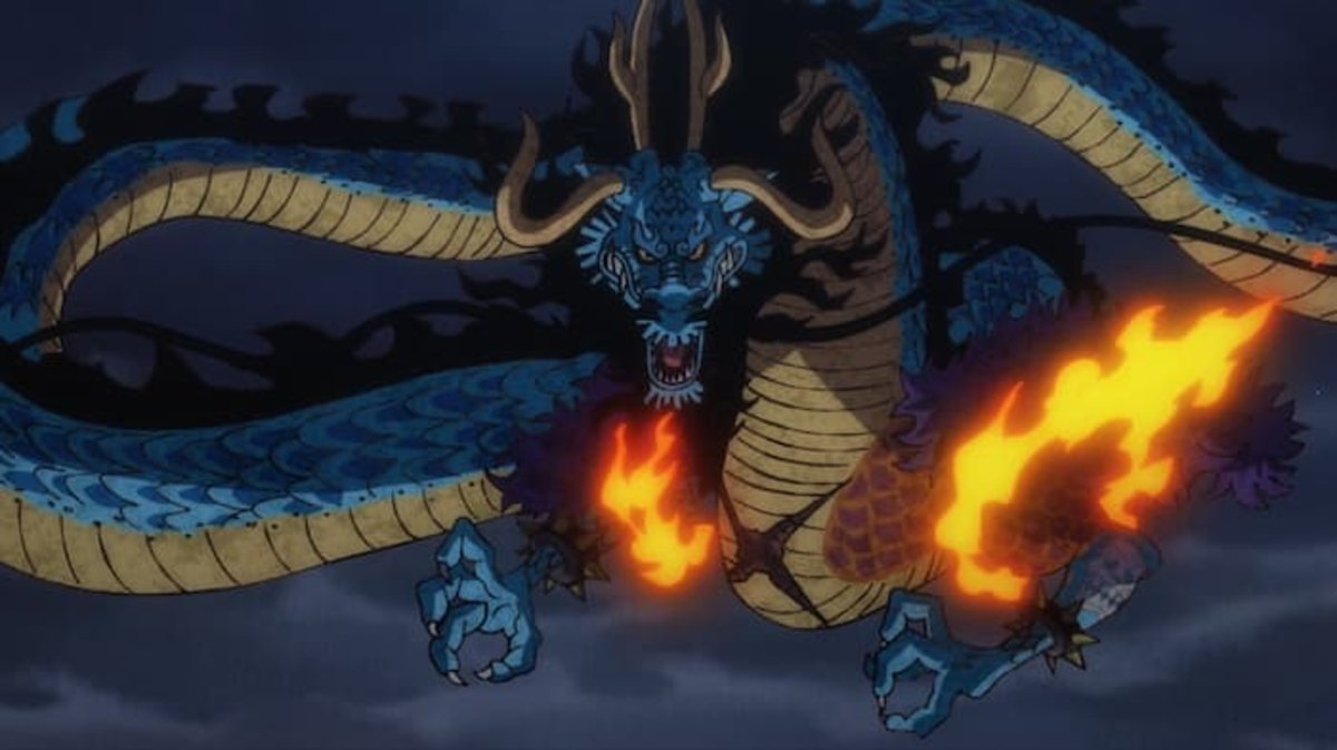Kaido transformed into a Gigantic Dragon thanks to his Mythological Zoan-type fruit