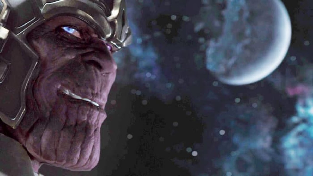 Thanos' first physical appearance in the MCU in the post-credits scene at the end of The Avengers.