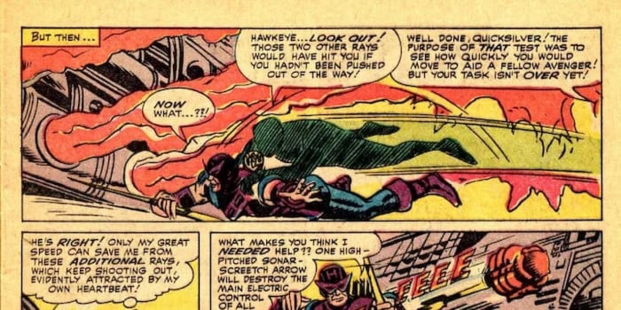 Quicksilver rescata a Hawkeye y evita que este sea asesinado por un ataque de fuego durante el entrenamiento