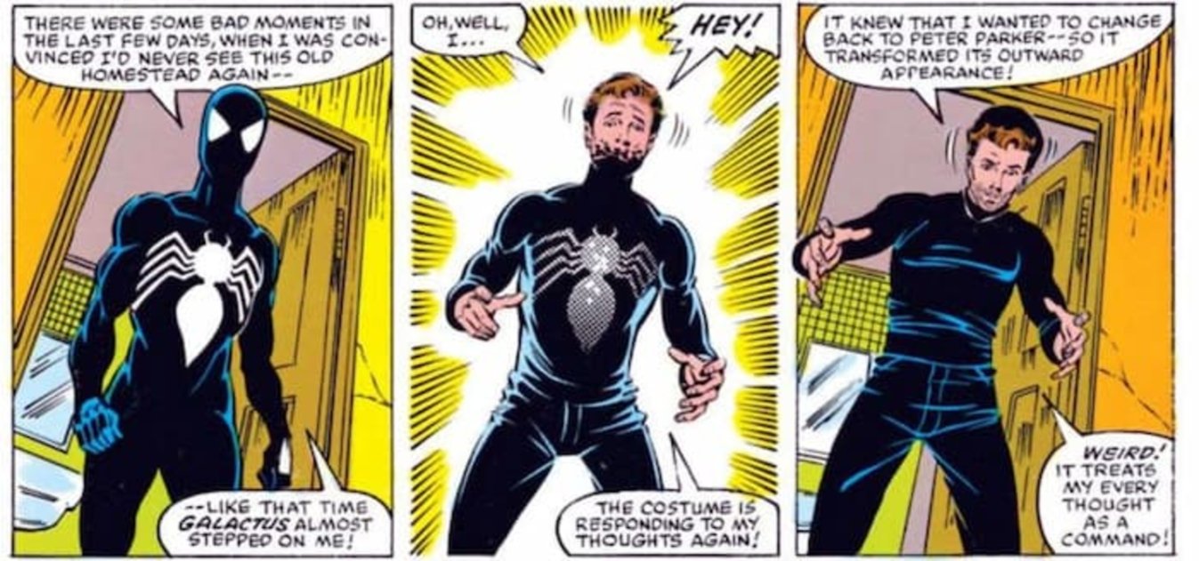 Venom se pregunta por qué cuando Peter utilizaba el traje, lucía como un héroe, pero él parece un monstruo