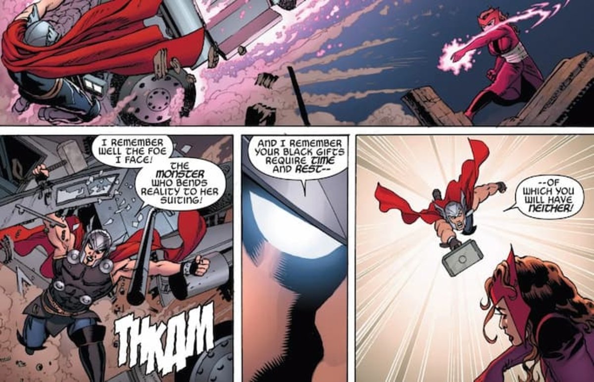 Wanda se enfrenta a un Thor que ha sido controlado, pero que conoce una de sus debilidades