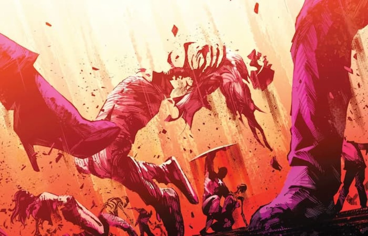 Capitán América protegiéndose con su escudo de la explosión Celestial, imagen sacada del cómic #4 de A.X.E.: Día del Juicio.